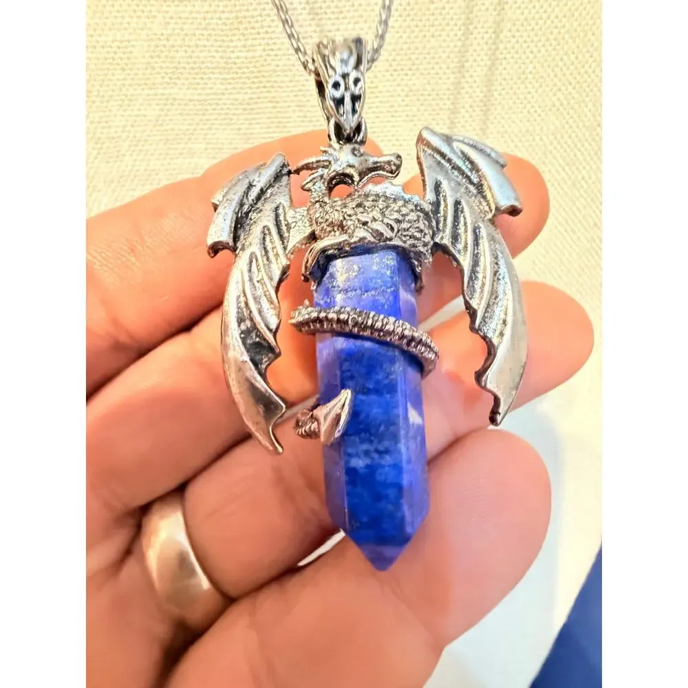 Vintage Dragon Lapis Point Pendant Necklace 22”